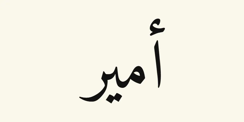 The name Amir in Arabic, أمير, in black Naskh lettering from the Amiri font on a cream background