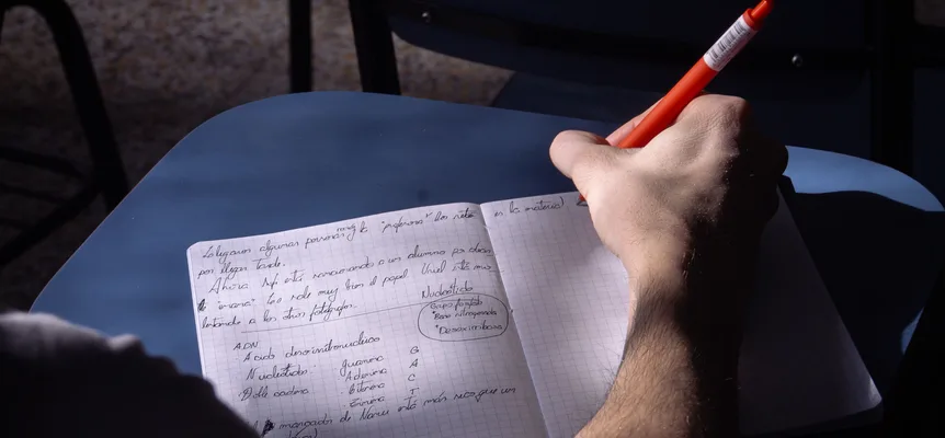 A student writing in a lined notebook at a classroom desk, lit from a window on the left