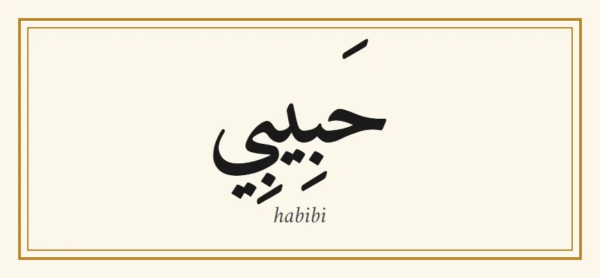 The Arabic word habibi, حبيبي, in black Naskh lettering with its vowel marks, and the transliteration habibi below it, inside a thin gold border on a cream background