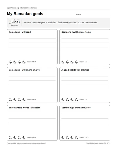 Preview of the goals sheet: six boxes with writing lines, such as Something I will read, each with four crescents to color